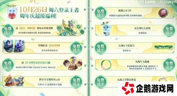 王者荣耀2024九周年活动10月26日全面开启 登录即可领取丰厚福利